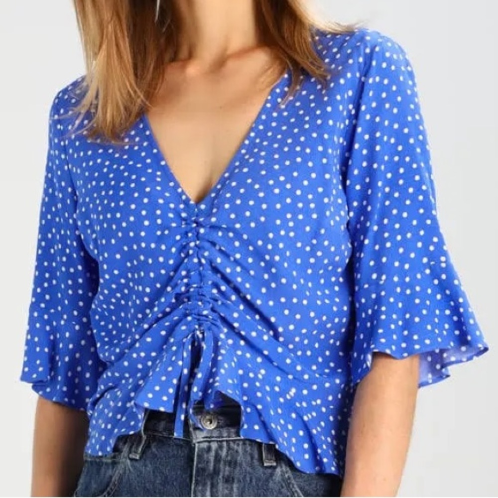 Topshop | Blue Polka Dot Drawstring Blouse